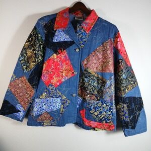 CHICOS Design Patchwork Denim Jean Jacket Coat Embroidered Lace  Boho Size 2‎ RA